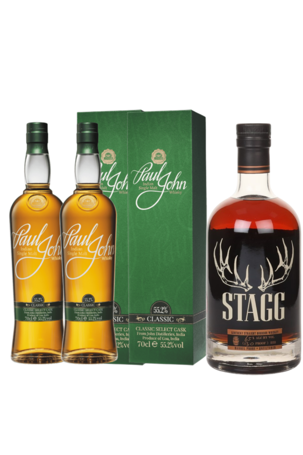 stagg barrel proof and paul john whisky