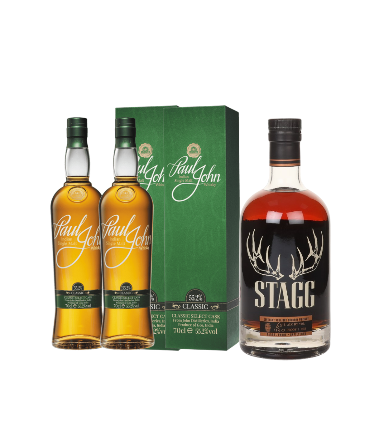 stagg barrel proof and paul john whisky