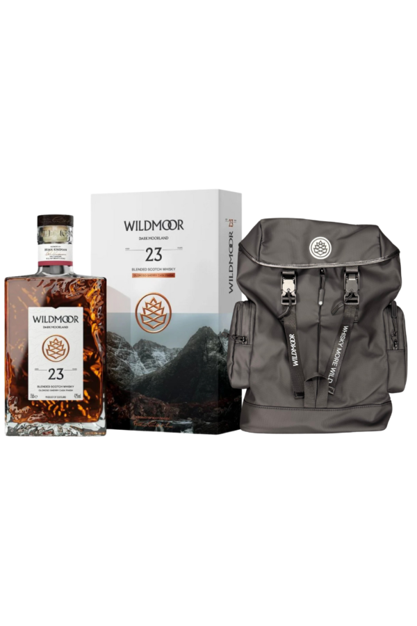 wildmoor 23 year old whisky with box and a black rucksack included