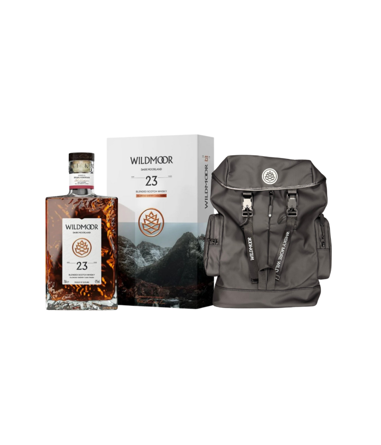 wildmoor 23 year old whisky with box and a black rucksack included
