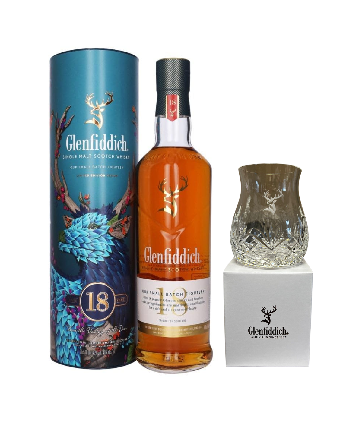 A bottle of whisky from glenfidich showing a handcut glenfiddich branded glass