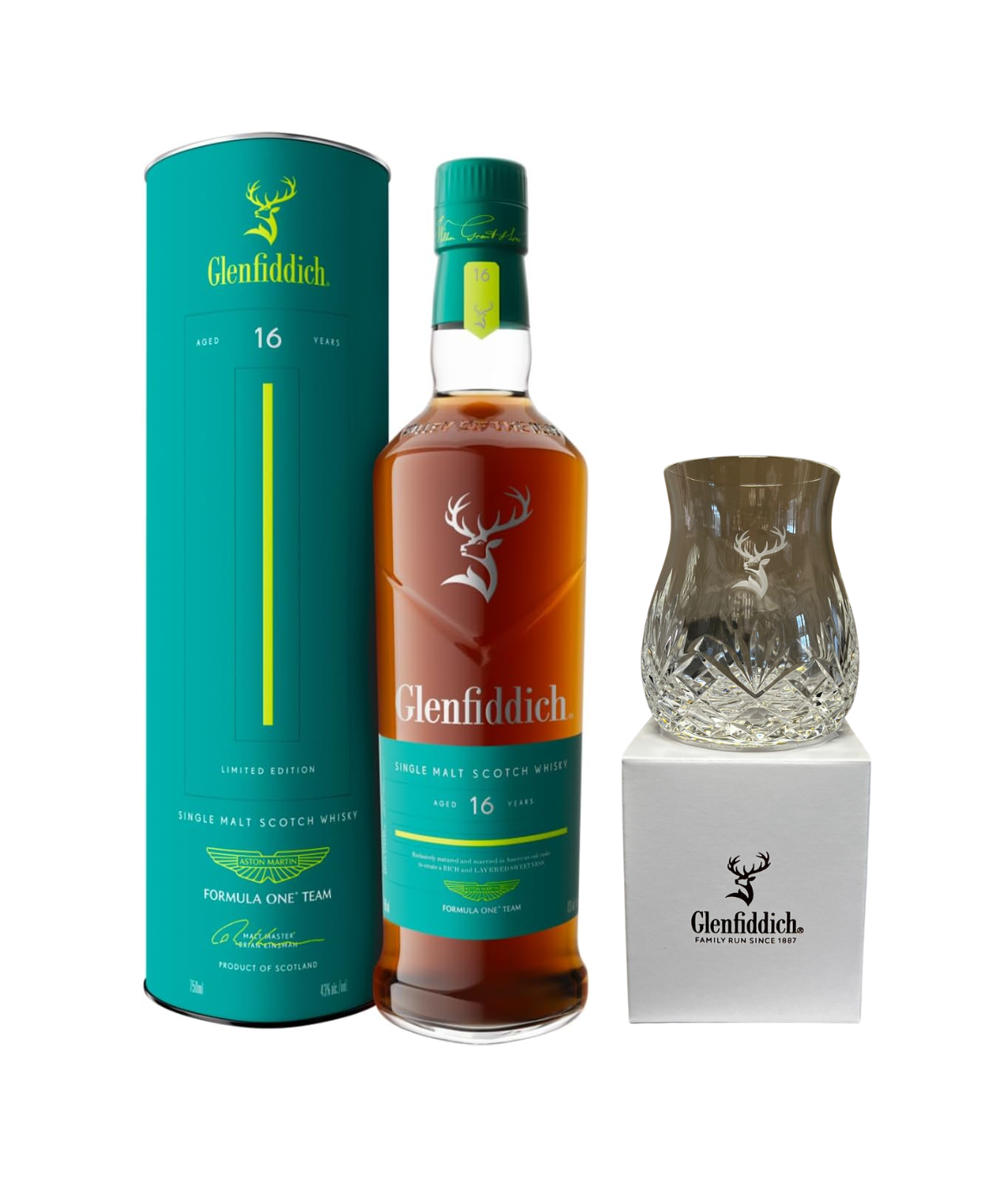 A bottle of whisky from glenfidich showing a handcut glenfiddich branded glass