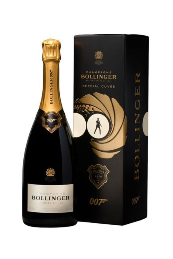 A bottle of bollinger champagne james bond 007 edition with a gift box next to it on a white background