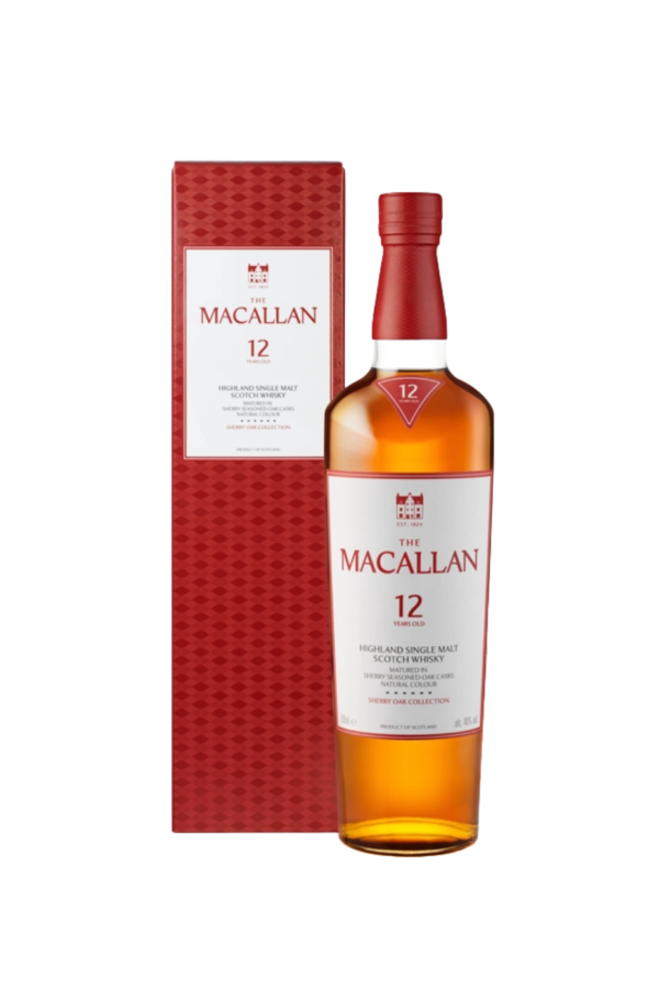 A bottle of macallan whisky in the new packaging with a gift box