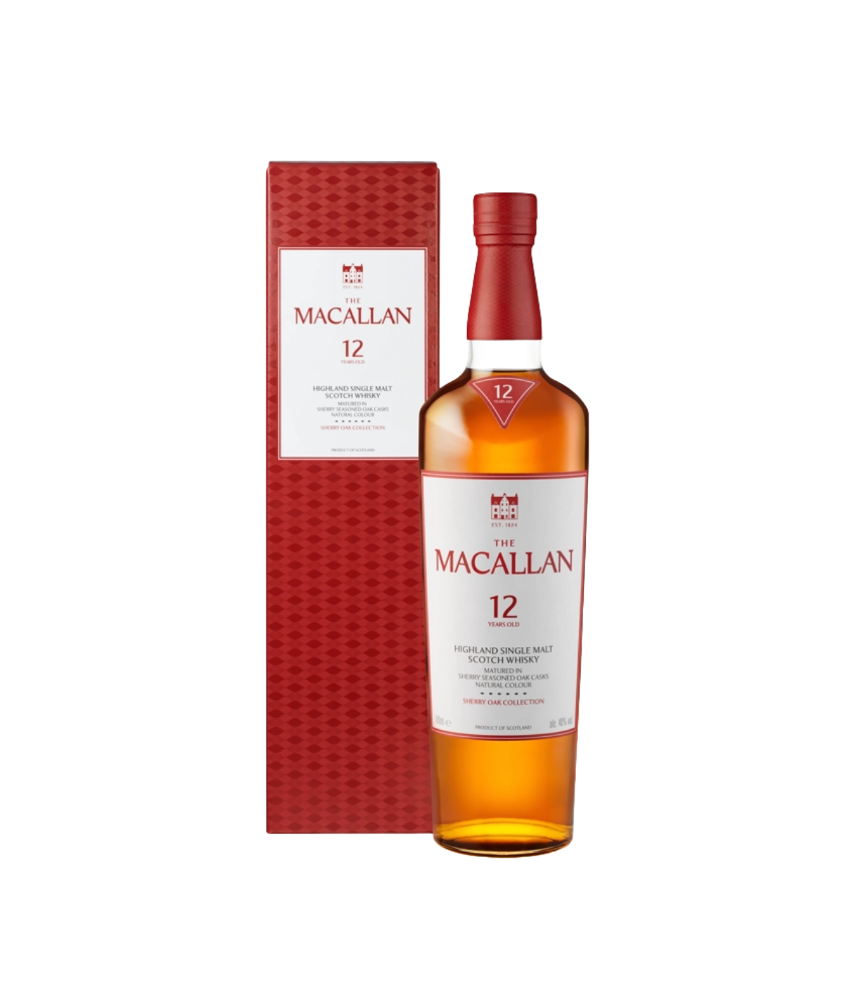 A bottle of macallan whisky in the new packaging with a gift box