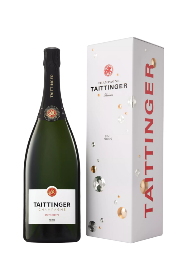 A bottle of champagne with a gift box and a white background behind it