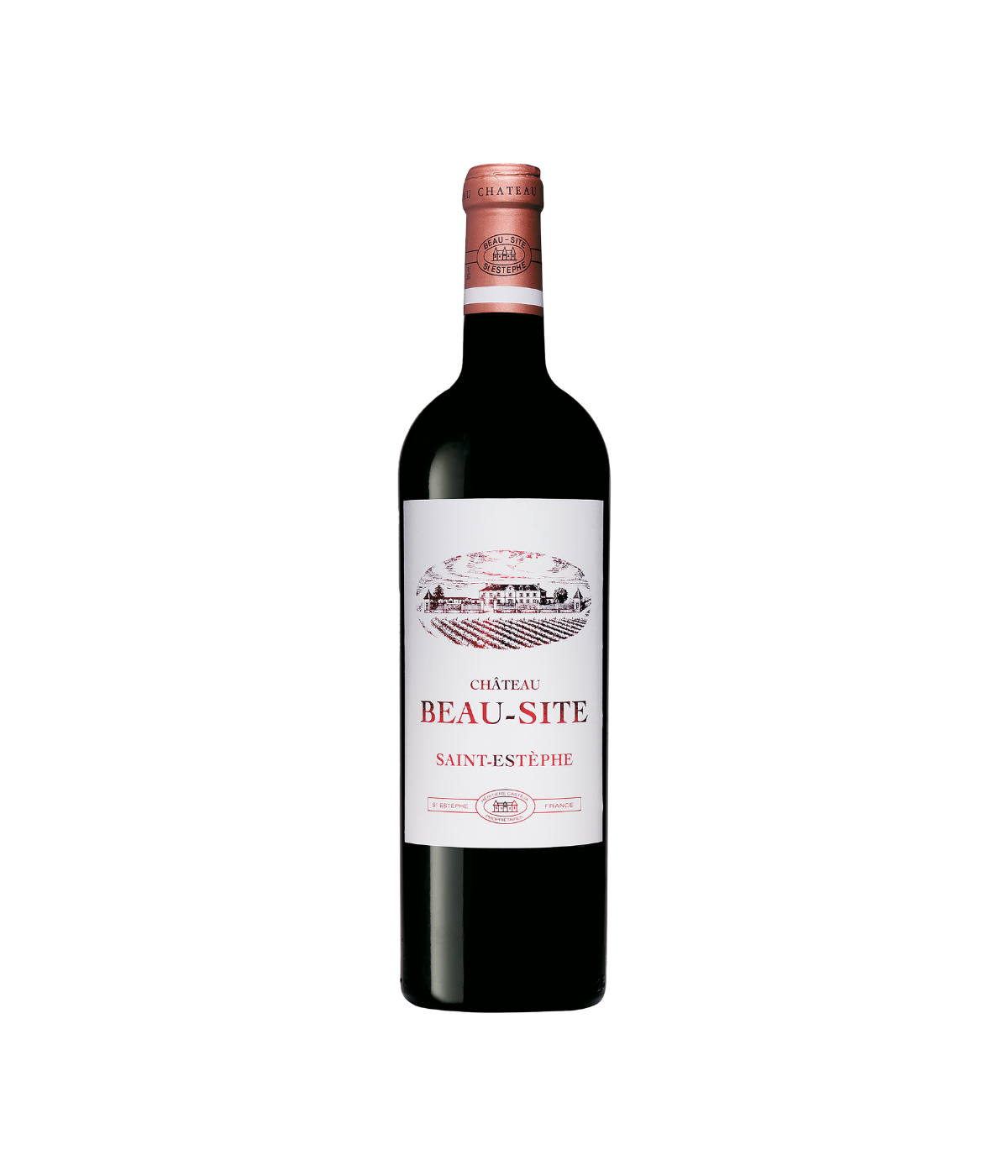 A bottle of red wine from beau-site on a white background