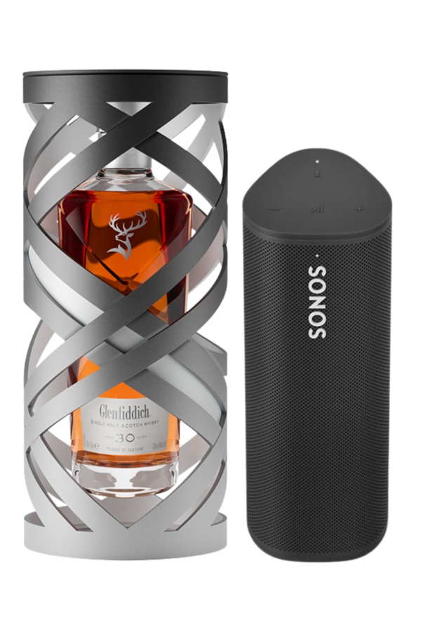 glenfiddich 30 year old whisky on a white background showing a sonos speaker alongside it