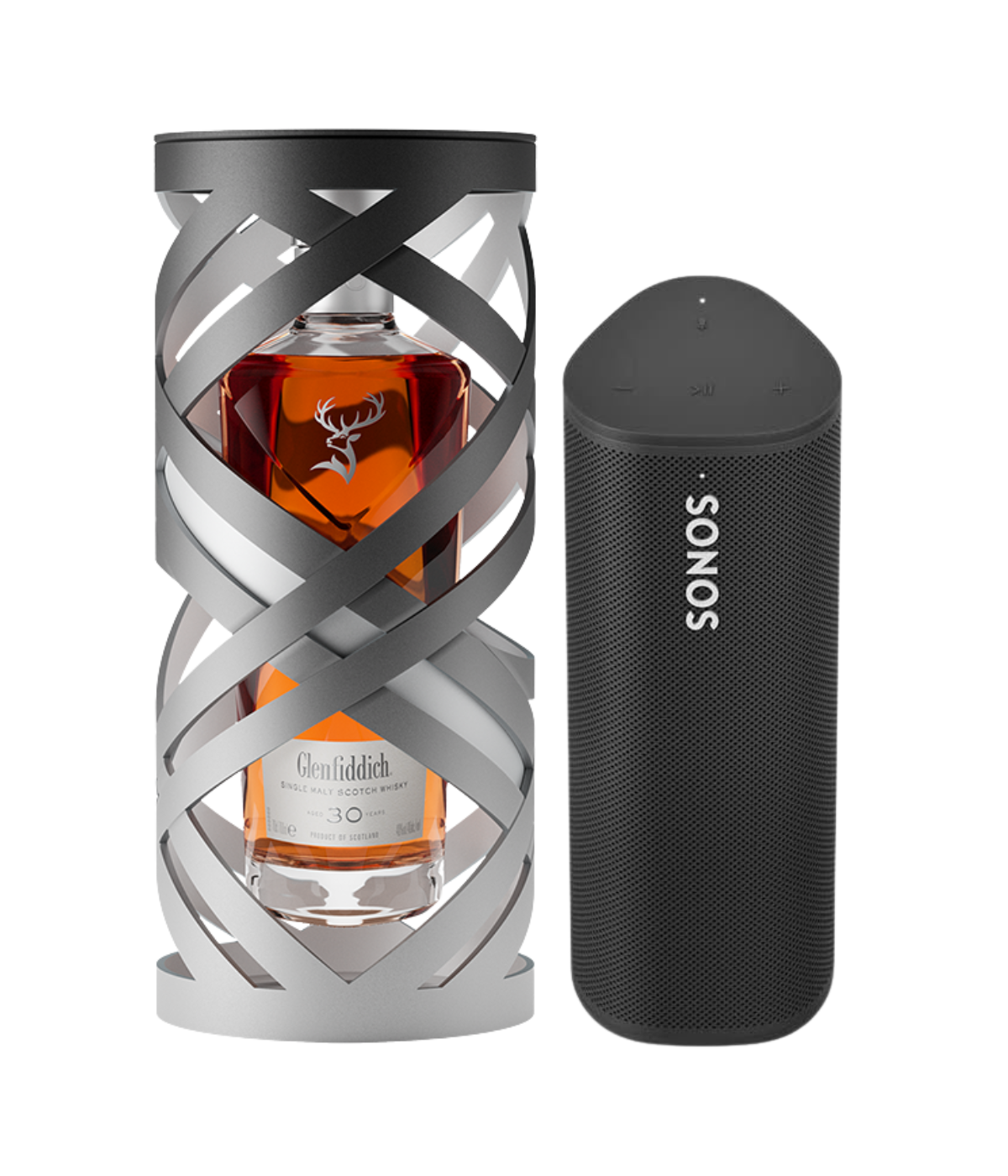 glenfiddich 30 year old whisky on a white background showing a sonos speaker alongside it