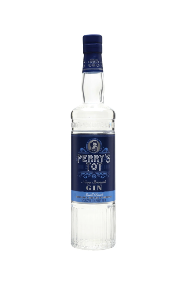 A bottle of american navy strength gin with a dark blue label