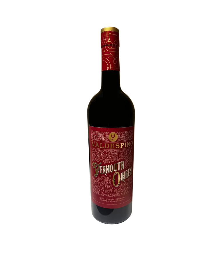 A bottle of vermouth from spain with a red label on a white background